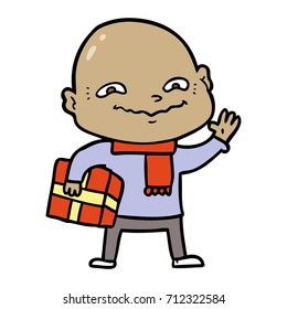 cartoon nervous man with xmas present