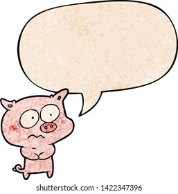 cartoon nervous pig with speech bubble in retro texture style
