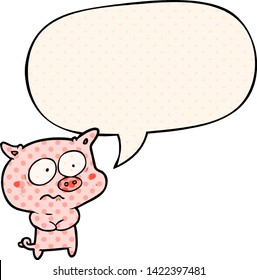 cartoon nervous pig with speech bubble in comic book style