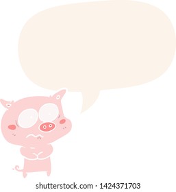 cartoon nervous pig with speech bubble in retro style