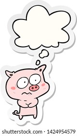 cartoon nervous pig with thought bubble as a printed sticker