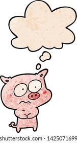 cartoon nervous pig with thought bubble in grunge texture style