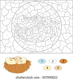 Cartoon nest. Color by number educational game for kids. Illustration for schoolchild and preschool