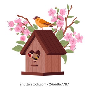 Caricatura anidando casa de pájaros. Casa de madera del pájaro en el árbol floreciente, casa del pájaro con la Ilustración vectorial plana del alimentador. Nidos de pájaros artesanales en el cerezo