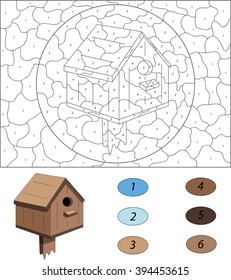Cartoon nesting box. Color by number educational game for kids. Illustration for schoolchild and preschool