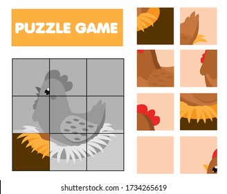 cartoon nesting hen. farm Animals puzzle for toddlers. Match pieces and complete picture. Educational children activity, kids page