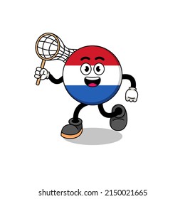 Cartoon of netherlands flag catching a butterfly , character design