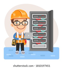 Cartoon network engineer checks the server hardware. Composition with a professional. Flat female character.