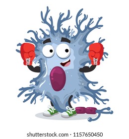 cartoon neuron cell mascot in red boxing gloves on white background