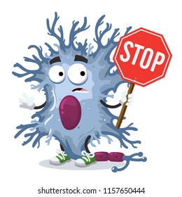 cartoon neuron cell mascot with tablet stop in hand on white background