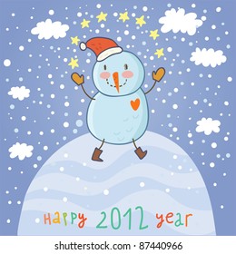 Cartoon new 2012 year card with a funny snowman