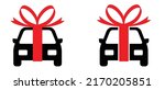 Cartoon new car with bow and knot icon or pictogram. Concept buying or renting a new or used auto. Vector car as a gift with ribbon. Cars delivery logo or symbol. Sale concept. Deal and ribbons
