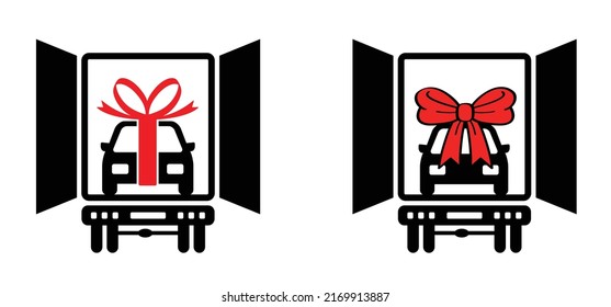 Cartoon New Car In A Truck Icon Or Pictogram. Concept Buying Or Renting A New Or Used Auto. Vector Car As A Gift, Deal. Cars Delivery Logo Or Symbol. Sale Concept. Proud New Car Owner