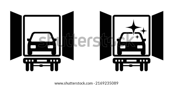 Cartoon new car\
in a truck icon or pictogram. Concept buying or renting a new or\
used auto. Vector car as a gift, deal. Cars delivery logo or\
symbol. Sale concept. Proud new car\
owner