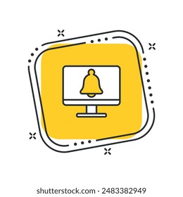 Caricatura nueva Ilustración vectorial de iconos de notificación. Monitor con campana sobre fondo cuadrado amarillo aislado. Observe el concepto de signo.