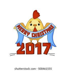 Cartoon New Year card with funny rooster on a white background. Isolated cock vector illustration. Vector illustration of rooster, symbol on the Chinese calendar.  