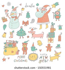 Cartoon New Year and Christmas set in vector. Cute Santa Claus, Snowman, fir tree, gifts, dogs, bear, toys, penguin and other holiday elements