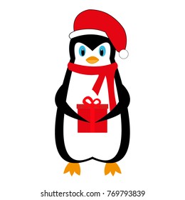 Cartoon New Year holiday penguin with a gift