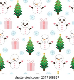 Cartoon New Year seamless pattern with Christmas tree and snowmen	