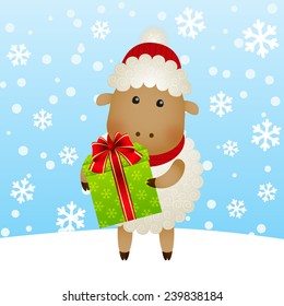 Cartoon New Year sheep on winter background