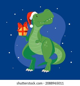 Cartoon new year t-rex for decoration design. Party invitation. Funny cartoon character. Party banner design. Holiday winter design. December, happy party. Blue vector background.