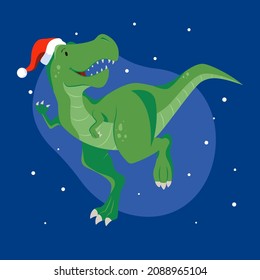 Cartoon new year t-rex for decoration design. Party invitation. Funny cartoon character. Party banner design. Holiday winter design. December, happy party. Blue vector background.