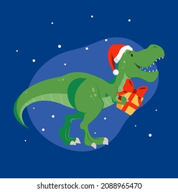 Cartoon new year t-rex for decoration design. Party invitation. Funny cartoon character. Party banner design. Holiday winter design. December, happy party. Blue vector background.