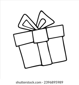 Cartoon New Year vector drawing. Outline drawing of a gift box with a bow. Coloring pages for children
