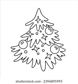 Cartoon New Year vector drawing. Christmas decorated tree. Coloring pages for children