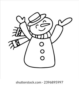 Cartoon Neujahr Vektorgrafik. Der lustige Schneemann in einem Hut und Fäustlinge. Farbseiten für Kinder