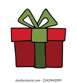 Cartoon New Year vector drawing. Outline drawing of a gift box with a bow.