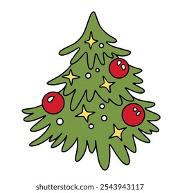 Cartoon New Year vector drawing. Christmas decorated tree.