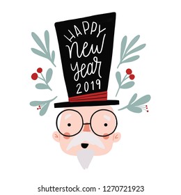 Cartoon new year wishes 2019 poster. New Year is the time or day at which a new calendar year begins and the calendar's year count increments by one.
