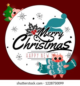 Cartoon New Year's piglet standing in scarf poster card lettering text logo design,