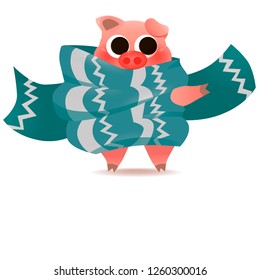 Cartoon New Year's piglet standing in scarf poster. Xmas pigling wrapping in winter neckerchief vector illustration. Happy New 2019 Year of pig and Merry Christmas concept