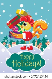 Cartoon New Year's rooster. cock with presents