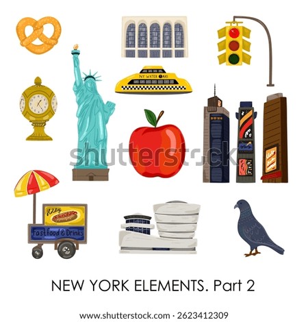 Cartoon New York city elements. Travel icons of NY. Hand drawn symbols set with taxi, buildings, fast food. Vector collection isolated on a white background.