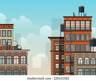 Cartoon New York rooftops. Old style architecture. EPS10 vector illustration.