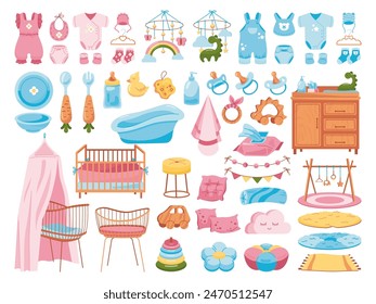 Accesorios para recién nacidos. Elementos de cuidado de bebés envueltos bebés paquete, niños pequeños juguetes infantil material infantil guardería muebles boho cama calcetines almohadas, elegante pastel Ilustración vectorial de dibujos animados recién nacido