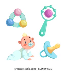 Cartoon newborn baby and accessories set. Baby boy with dummy crawl, rubber dummy and different rattles. Vector illustration.