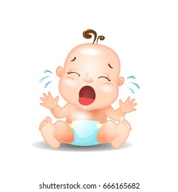  cute cartoon newborn baby crying with tears with mouth wide open. Colorful vector illustration of emotion isolated on white background.
