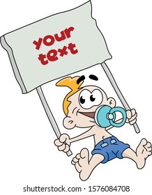 Cartoon newborn baby with a pacifier in his mouth holding a card in his hands vector illustration