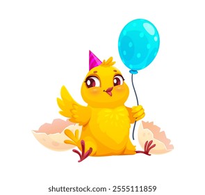 Cartoon newborn chick cute character birthday. Easter holiday tiny chick bird funny character, spring newborn hen baby or Easter holiday chicken animal cute comical vector personage with balloon