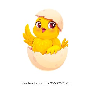 Cartoon newborn chick funny character in eggshell. Easter holiday animal symbol cute character, farm chicken bird or spring newborn tiny baby chick happy cartoon vector personage sitting in egg