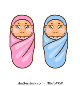 Cartoon newborn vector illustration. Boy and girl swaddled babies.