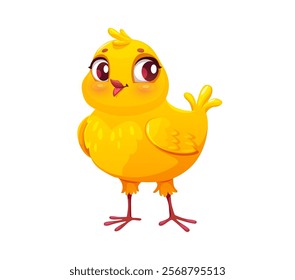 Cartoon newborn yellow chick cheerful character. Spring newborn small hen bird happy mascot, Easter holiday little chicken animal or farm chick cartoon vector personage, spring bird cheerful character