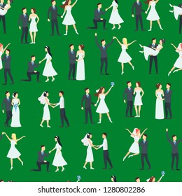Cartoon Newlyweds People Posing Seamless Pattern Background Wedding or Marriage Concept Element Flat Design Style. Vector illustration
