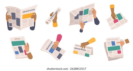 Cartoon newspaper in hands. Morning press and news journals folded and opened, business man hands with paper journal, daily news concept. Vector illustration.