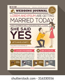 Cartoon Newspaper Journal Wedding Invitation Vector Design Template with illustration of a man making propose with wedding ring 