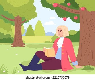 Cartoon Newton Character Sitting Under Apple Tree. Ancient Inventor In Vintage Clothes Reading Book Flat Vector Illustration. Invention, Science Concept For Banner, Website Design Or Landing Web Page